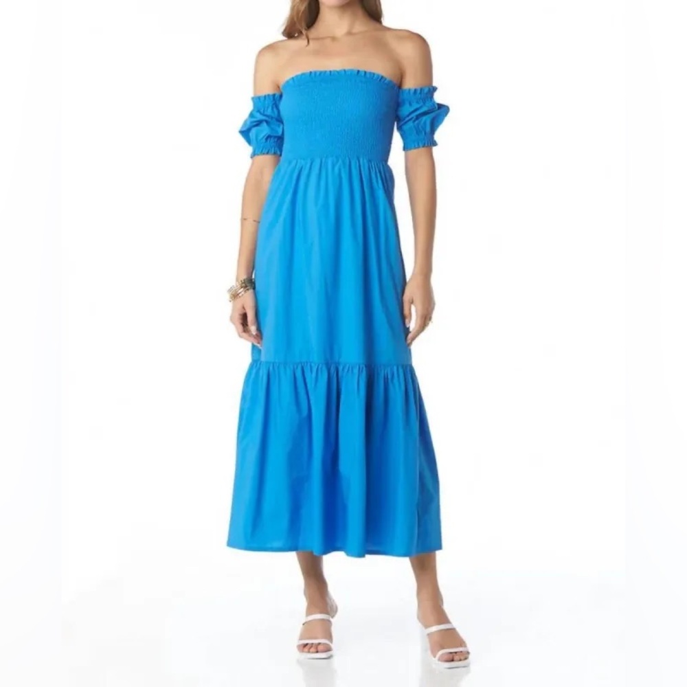 Tart Smocked Off Shoulder Blue Tiered Midi Dress Resort‎ Vacation Preppy